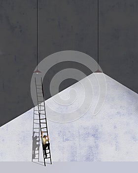 A man climbs a ladder to change a burned out light bulb