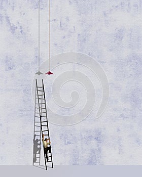 A man climbs a ladder to change a burned out light bulb