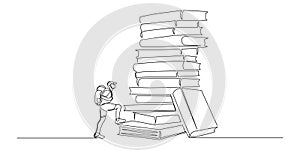 Man climbs the stack of books in one continuous line drawing. Traveler with backpack is hiking in simple linear style