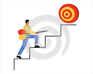 A man climbs the stairs. A man with a dart in his hands goes to the target. Career development concept