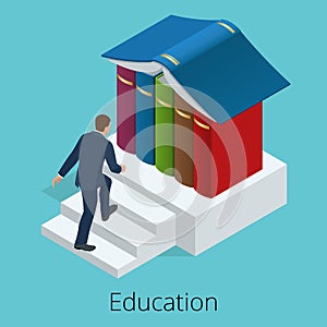 A man climbs the stairs to knowledge. Books are the source of knowledge. Training concept. Vector isometric illustration