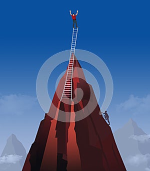 A man climbs to a mountain peak in this 3-D image then goes even higher using a ladder.
