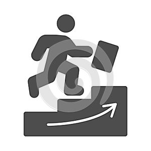 Man climbs up the stairs solid icon, business strategy concept, Businessman with suitcase climbing stairs sign on white