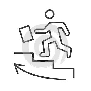 Man climbs up the stairs thin line icon, business strategy concept, Businessman with suitcase climbing stairs sign on