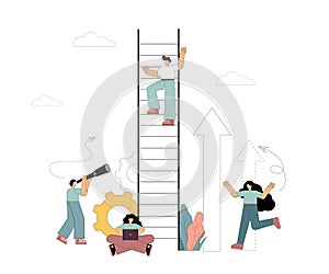 A man climbs up the stairs. Way to success. Career growth. Search for ideas