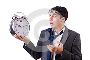 Man with clock afraid to miss deadline isolated