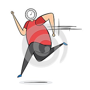 Man with clock head and running, hand-drawn vector illustration. Black outlines and color