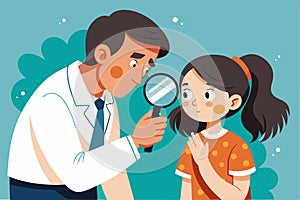 A man closely inspects a girl\'s skin using a magnifying glass, fostering a caring photo