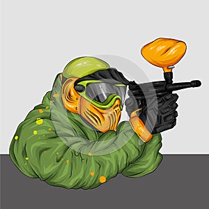Man in clothes and accessories for paintball. Shooting, weapons and paint. Multicolored illustration.