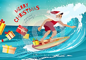 Man in clothes of Santa Claus surfing on the wave in tropical ocean. Merry Christmas hand lettering. Vacation, resort
