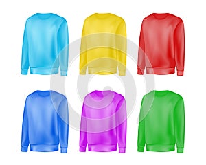 Man clothing set of sweatshirt and raglan sweater red, yellow, blue, green color. Fashion illustration of sports uniform t shirt.