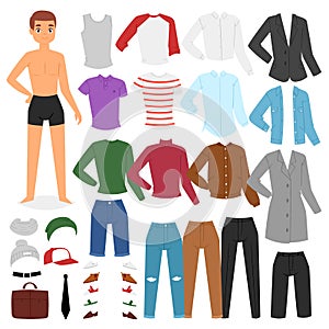 Man clothing vector boy character dress up clothes with fashion pants or shoes illustration boyish set of male cloth for photo