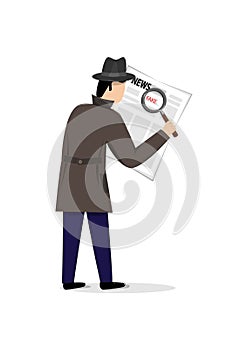 Man in a coat and hat looking for fake news in a newspaper with a magnifier, isolated on a white background vertical vector