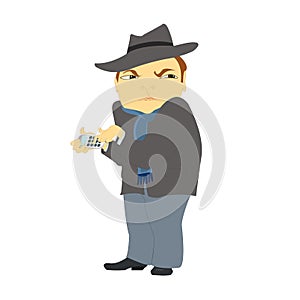 A man in a coat verifying numbers on a calculator photo
