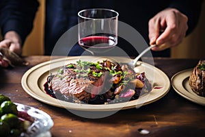 man coats beefy steak with red wine sauce