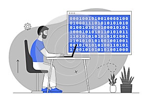 Man coding binary data on laptop screen. Vector illustration
