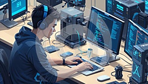 Man Coding on Computer with Headphones in a Modern Workspace