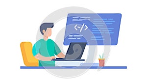 Man Coding on Laptop, Software Development and Programming, vector design Generative AI