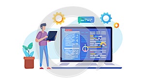 Man coding on laptop, symbolizing software development and programming expertise, vector design Generative AI