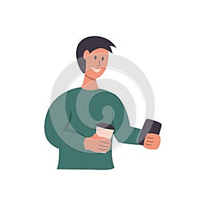 Man with coffee to go in hand and smartphone in other hand