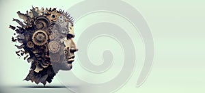 Man with cogwheels brain, brainstorming and creativity concept, gear wheels rotation in artificial intelligence, engineering mind