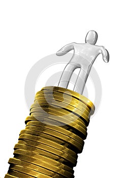 Man on coins column isolated