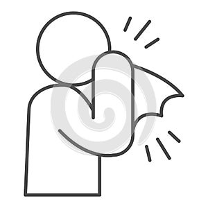 Man with a cold thin line icon, hygiene concept, man sneezes to tissue sign on white background, man cover mouth with