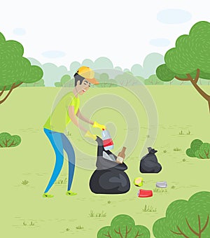 Man Collecting Garbage in Park, Environment Care