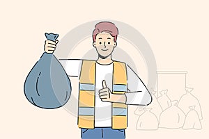 Man collector with plastic bag with waste