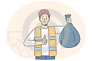 Man collector with plastic bag with waste