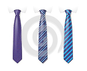 Man colored tie set. Tie mockup with different fashion pattern. Striped silk neckties templates with textures set photo