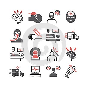 Man in a coma. Hospital bed. Infographic line icons. Vector