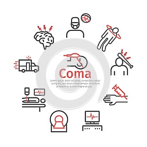 Man in a coma. Hospital bed. Infographic line icons. Vector photo
