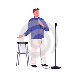 Man comedian with microphone performing stand-up comedy. Comic with mic telling humor and fun stories at open mike