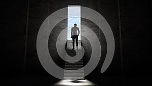 A man coming out of a dark basement to a door leading to the blue sky