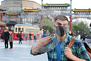 Man complaining about pollution in Asia