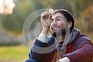 Man completely in love. Lost in mind. Harmony hope and nature