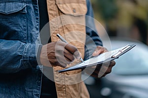 Man completes car insurance claim after accident, discusses coverage and deductible with adjuster photo