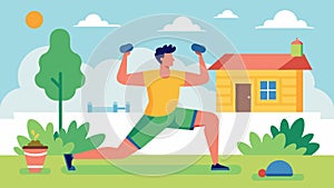 A man completing a circuit of jumping jacks lunges and burpees in a small backyard space.. Vector illustration.