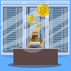 Man on computer online mining bitcoin concept. Bitcoin farm. Golden coin with Bitcoin symbol