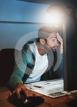 Man, computer and programmer stress at night in office, deadline and burnout for overtime at work. Male person, software