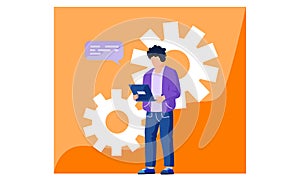 The man with a computer is sending an email vector illustration with orange gears background