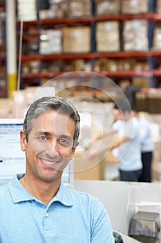 Man At Computer Terminal In Distribution Warehouse