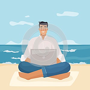 Man with computer work on beach. Freelancer with laptop. Flat cartoon style