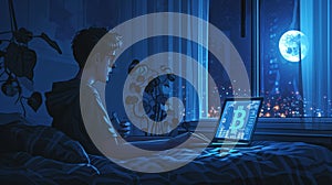 Man at computer working on Bitcoin at night