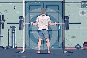 A man confidently stands in front of the gym door, holding a barbell in his hands, A comedic picturization of an ordinary citizen