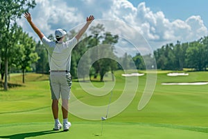 A man confidently stands on top of a lush green golf course, A golfer celebrating a birdie shot, AI Generated