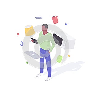 Man configures smart home devices isometric concept. Male character with tablet is testing connection.