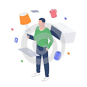 Man configures smart home devices isometric concept. Male character with tablet is testing connection.