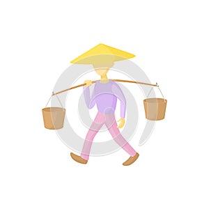 Man in a conical hat carries buckets icon